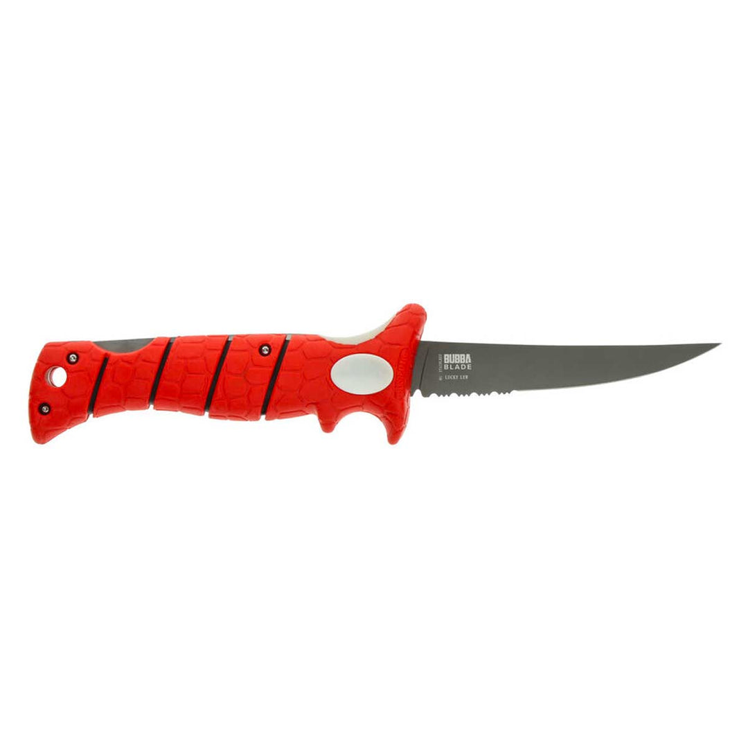 Bubba 5" Lucky Lew Folding Fillet Knife with flexible stainless steel blade and non-slip red handle