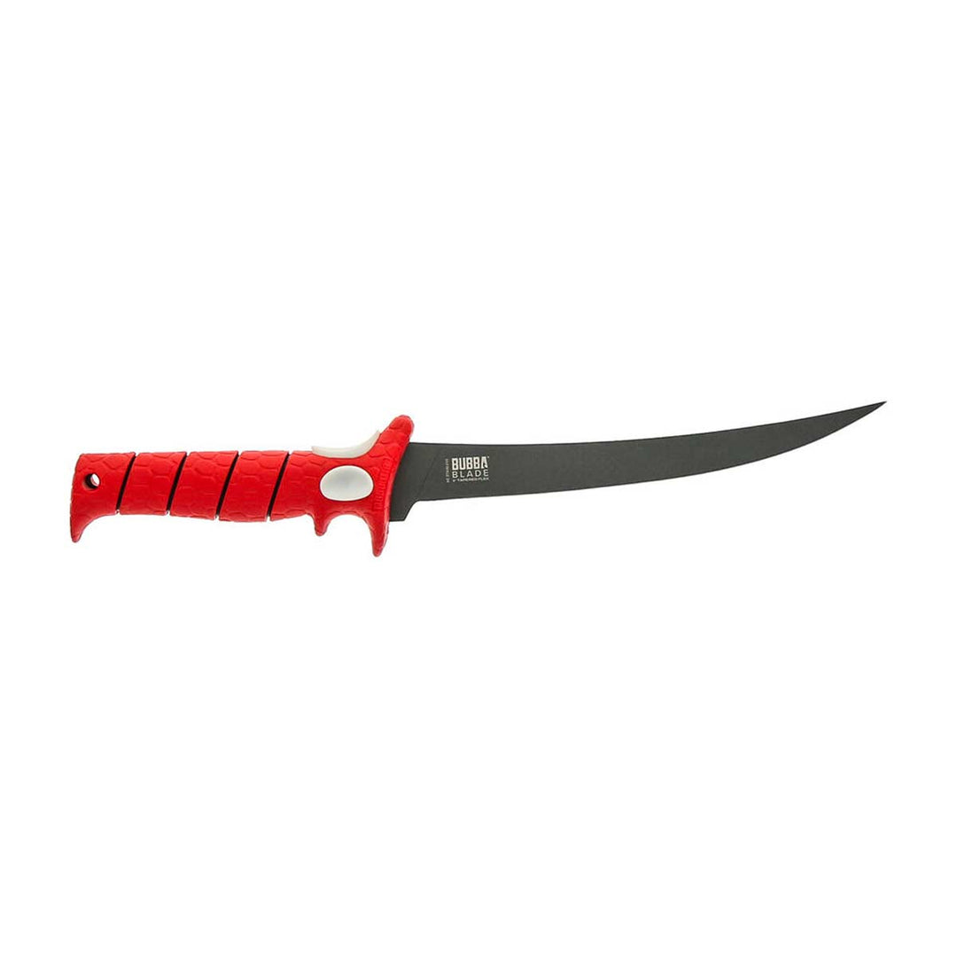 Bubba Tapered Flex Knife with high-carbon stainless steel blade and red non-slip handle for fish and meat filleting
