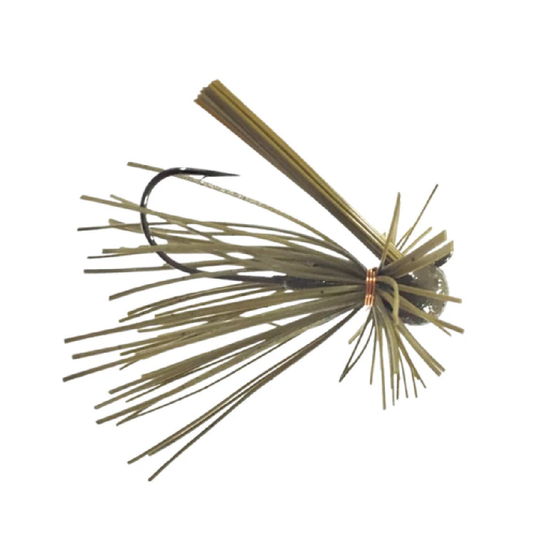 Blue Rock Scrapper Ball Finesse Jig with weed guard and skirt, designed for finesse bass fishing in Army Green Pumpkin