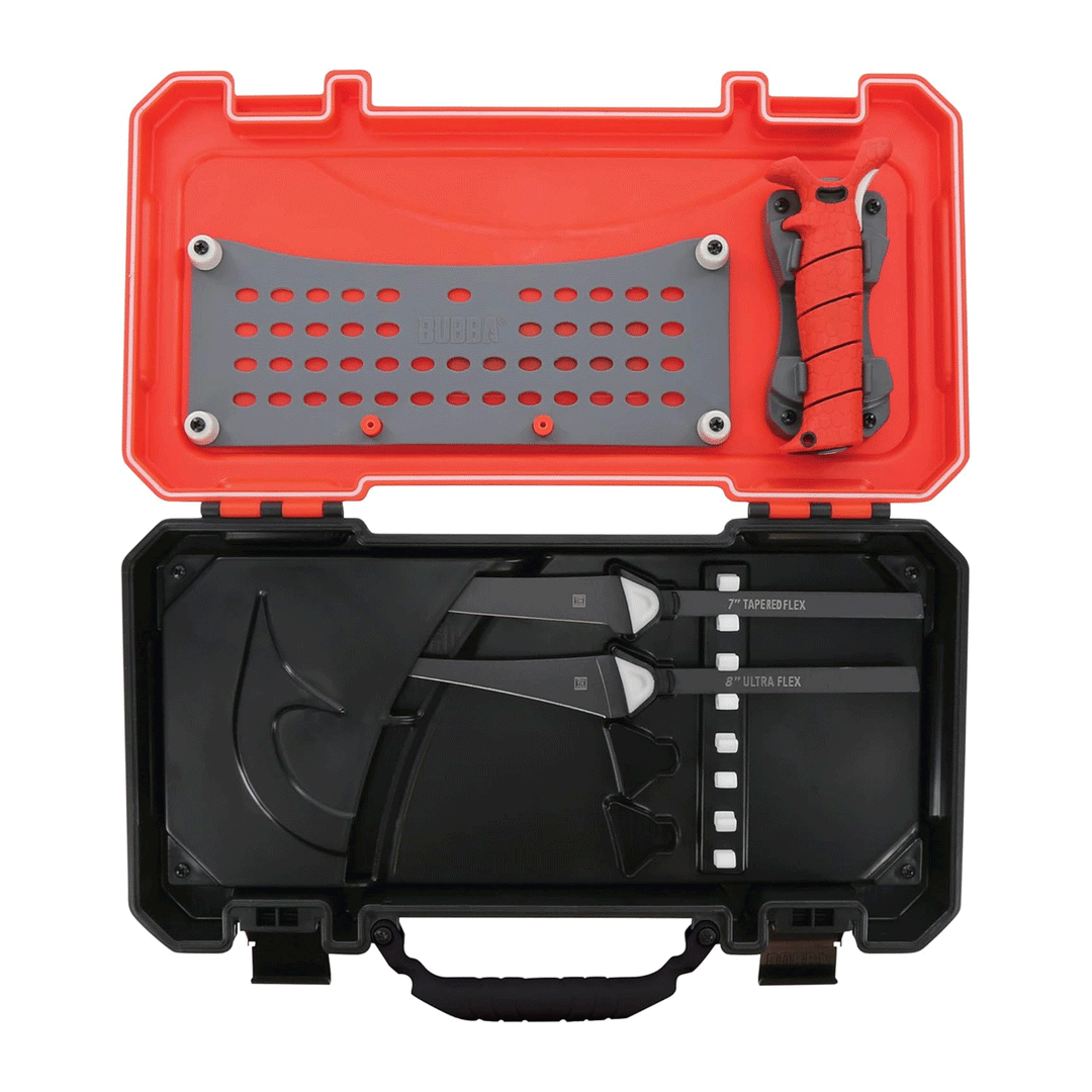 Bubba Freshwater Multi-Flex Interchangeable Knife Set with red handle, 4 stainless steel blades, and carrying case