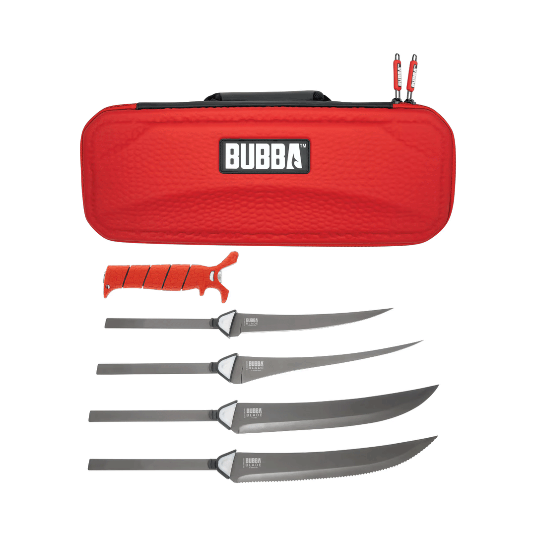 Bubba Multi-Flex Interchangeable Knife Set with 4 stainless steel blades, red handle, and EVA carrying case