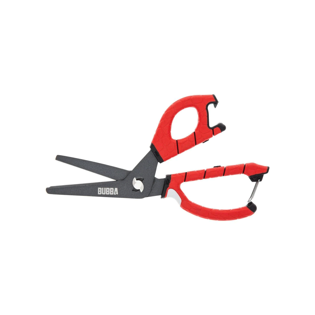 Bubba Large Shears with titanium-coated blades and red non-slip handle for heavy-duty fishing tasks