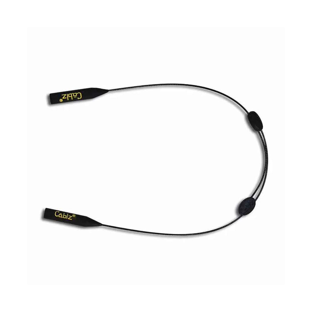 Cablz Zipz Black Adjustable Retainer for sunglasses and eyeglasses, featuring coated wire cable and sliding adjustment for secure fit.
