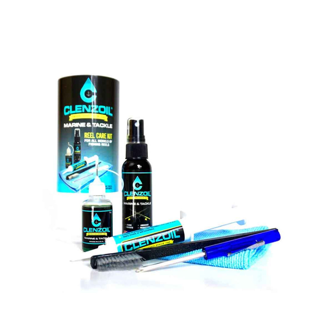 Clenzoil Reel Care Kit with oil, tools, and case for reel maintenance