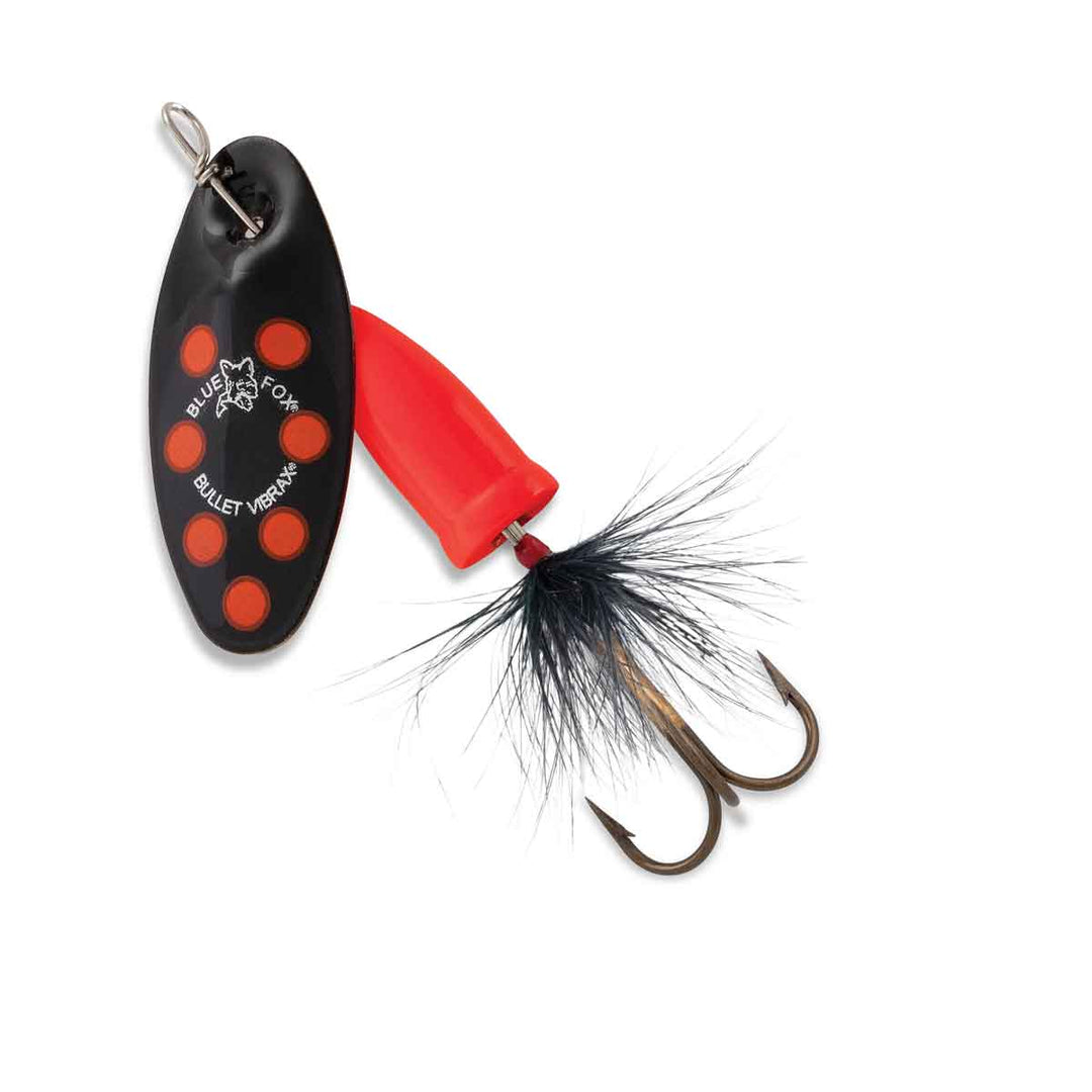 Blue Fox Vibrax Bullet Fly – fast water inline spinner with hackle tail and blade