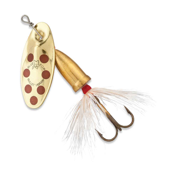 Blue Fox Vibrax Bullet Fly spinner with feather-dressed tail and bullet-shaped body for trout and panfish