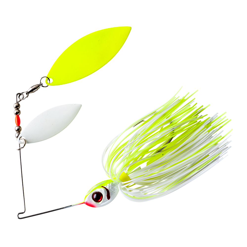 Booyah Double Willow Glow Blade Spinnerbait with twin glow-finished blades and silicone skirt for bass fishing