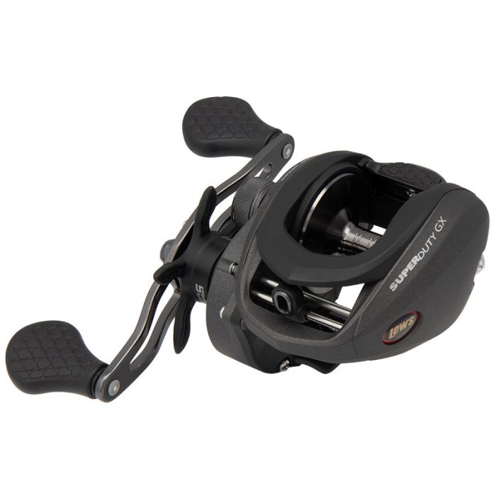 A black Lew's SuperDuty GX3 Baitcast Reel with an anodized spool and solid brass Speed Gears.