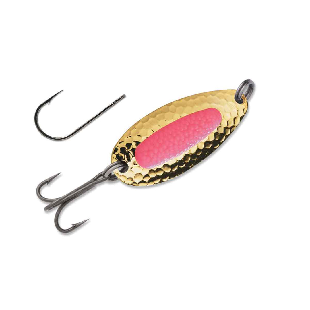 Blue Fox Pixee Spoon fishing lure with hammered brass finish and glow‑sac insert