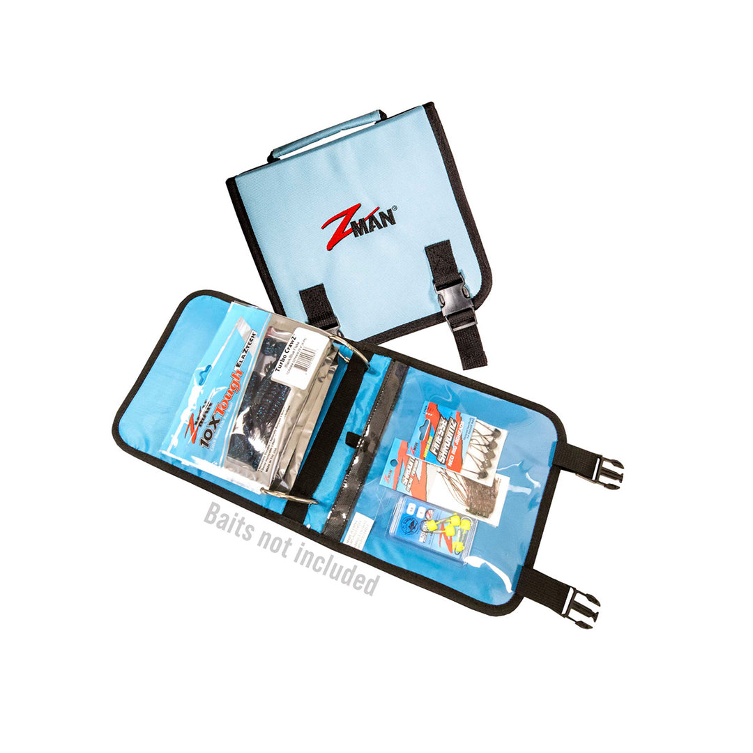 Z-Man Bait BinderZ open with soft plastic baits organized in plastic sleeves