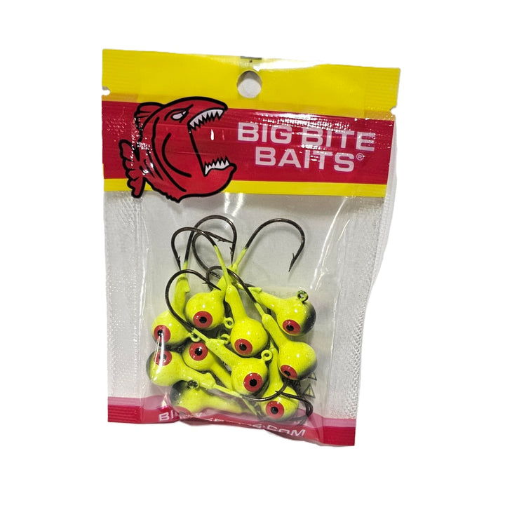 Assorted sizes of Big Bite Baits Round Jighead in packaging