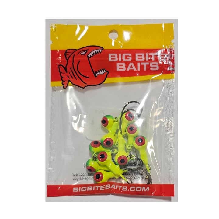 Assorted sizes of Big Bite Baits Round Jighead in packaging