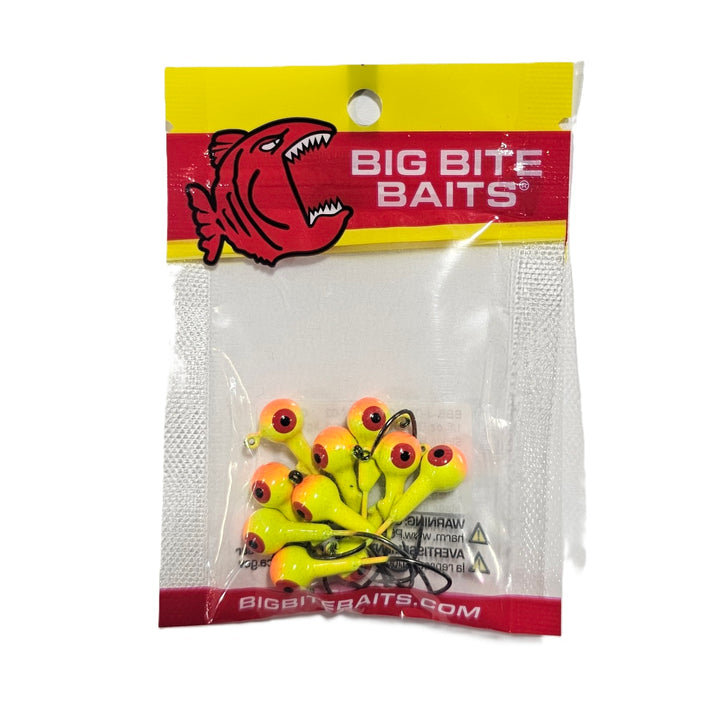 Assorted sizes of Big Bite Baits Round Jighead in packaging