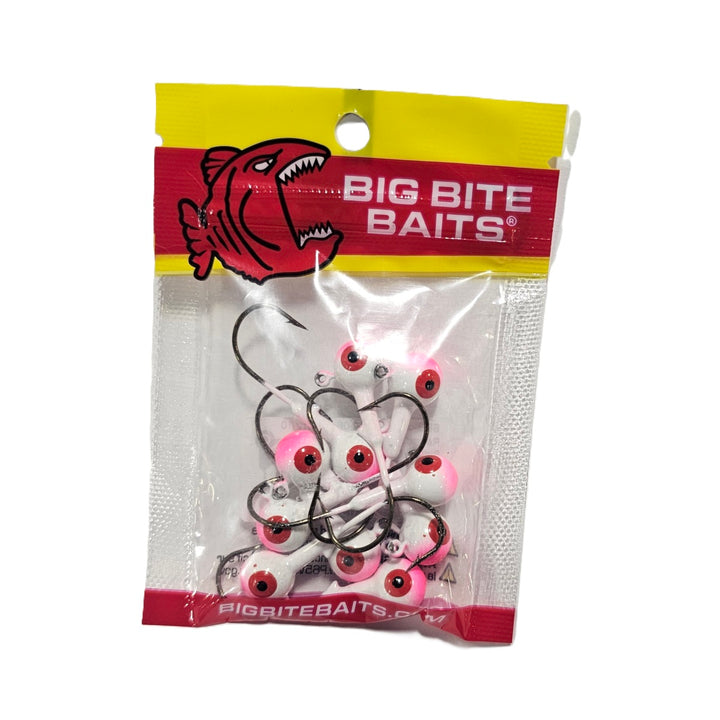 Assorted sizes of Big Bite Baits Round Jighead in packaging