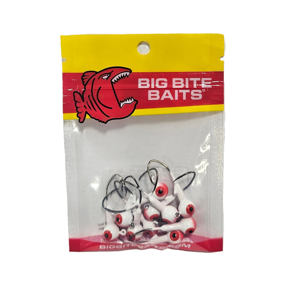 Assorted sizes of Big Bite Baits Round Jighead in packaging