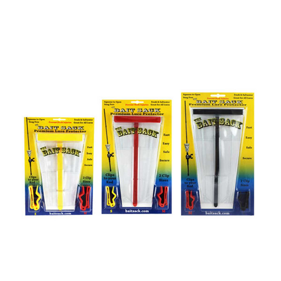 Cal Coast Fishing Bait Sack attached to fishing rod, protecting a treble hook lure with breathable mesh cover and elastic strap.