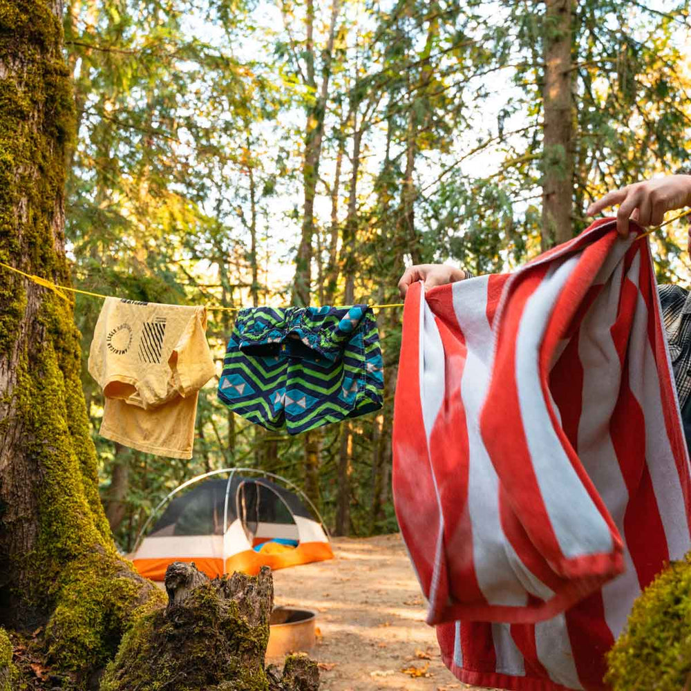 Drying clothes on Coghlan’s Clothesline at a campsite