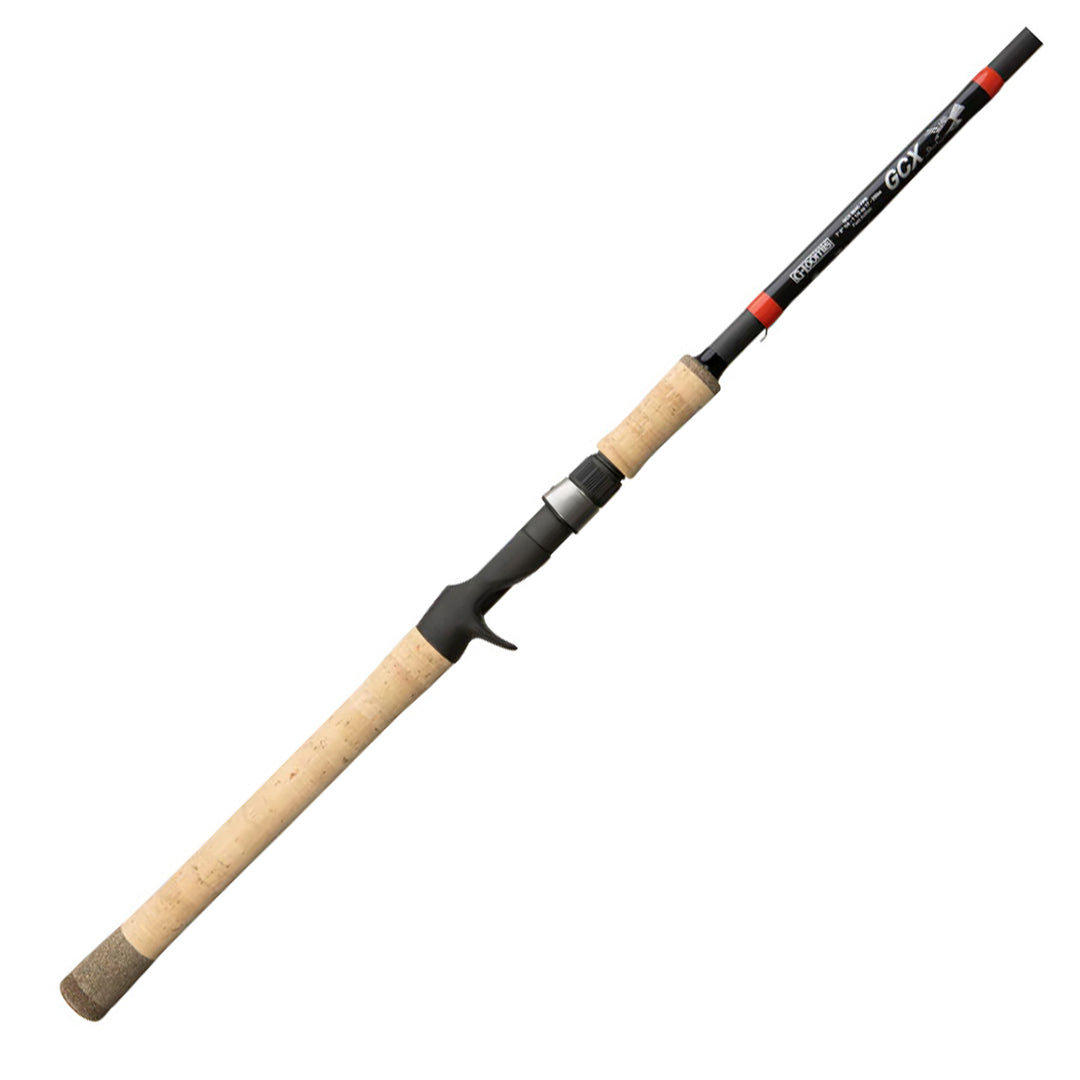 G. Loomis GCX Casting Rod with cork handle, black reel seat, and multi-colored body, laid on a plain background.