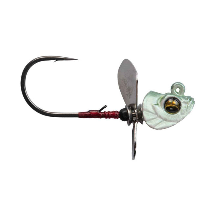 Megabass Okashira Screw Jighead with twin propeller blades and lifelike 3D design for finesse swimbaits