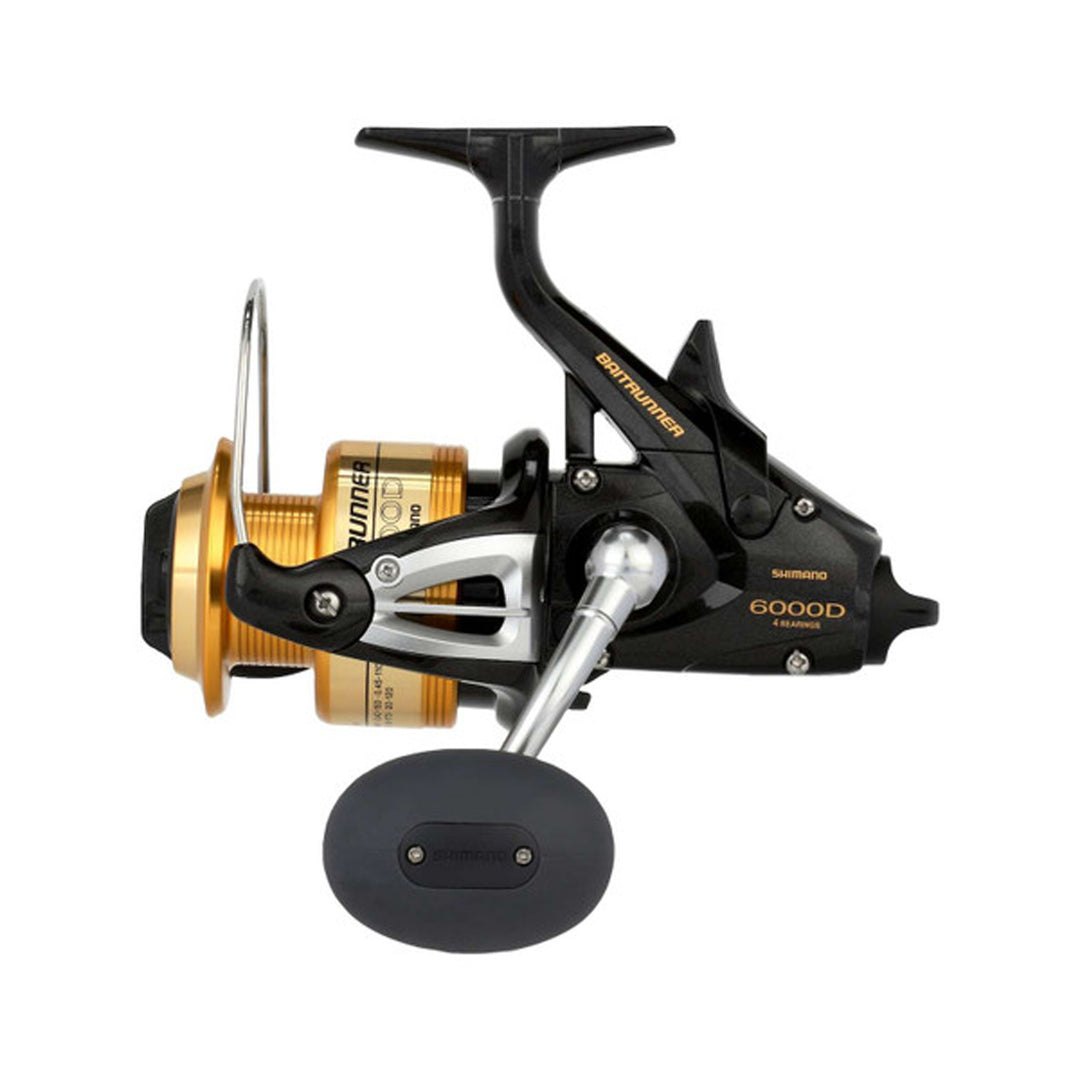 Shimano Baitrunner 6000D Spinning Reel front view with aluminum spool and baitrunner lever