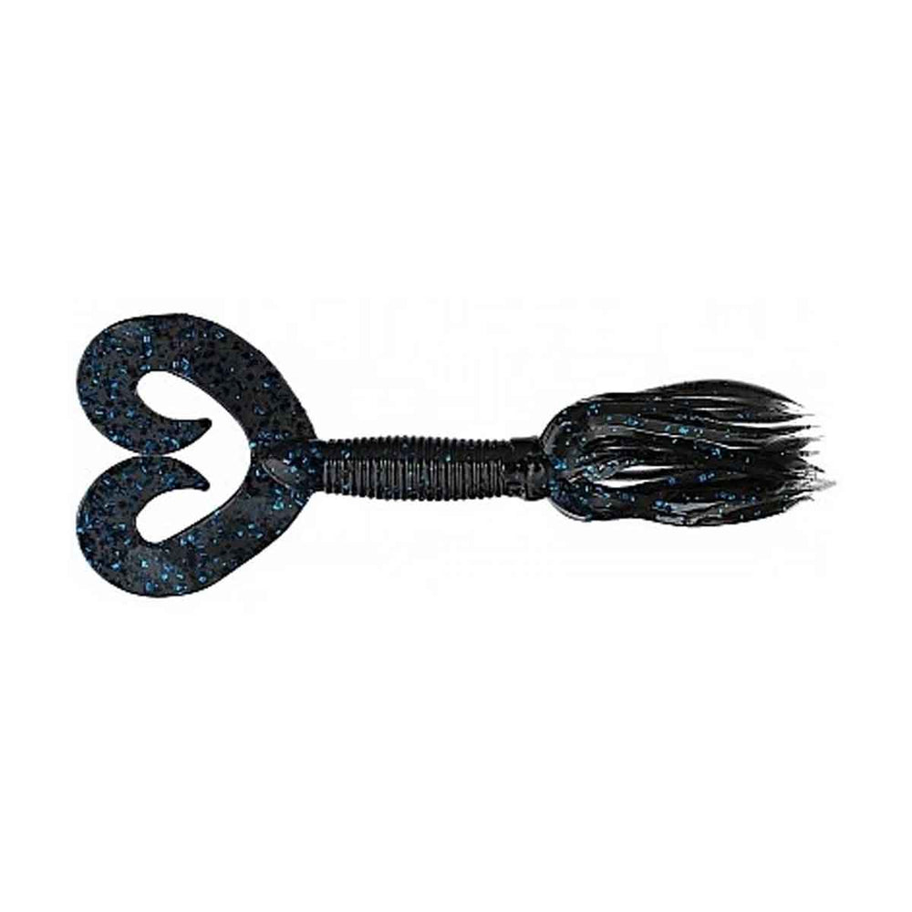 Chompers Skirted Twin Tail Grub bass fishing lure in Black Blue Flake