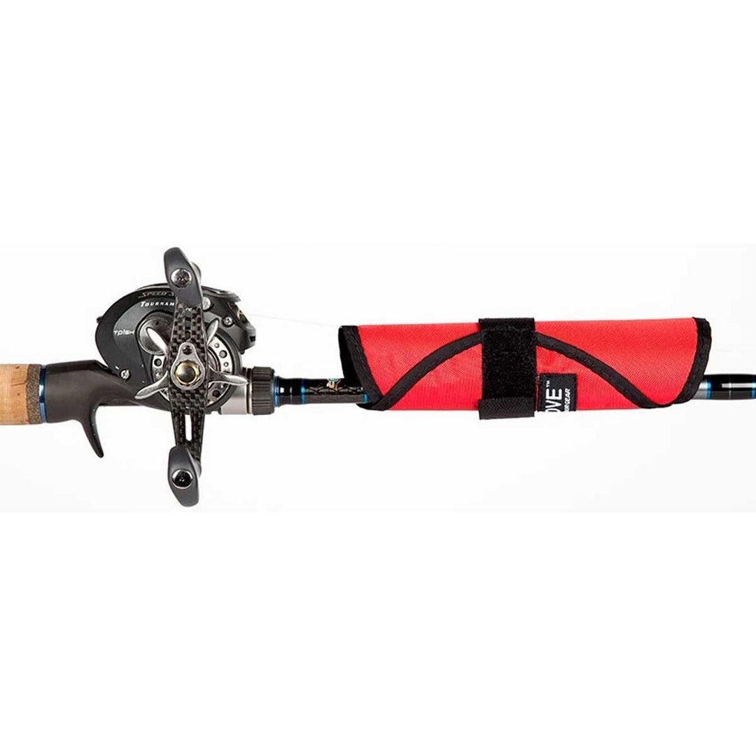 The Rod Glove Bait Glove neoprene lure cover shown on fishing rod, designed for hook and bait protection.