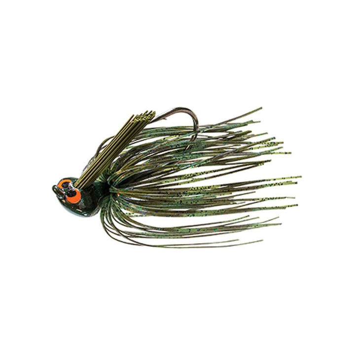 Z-Man CrossEyeZ Flipping Jig for bass fishing in heavy cover featuring a compact head, hand-tied skirt, and heavy-duty hook
